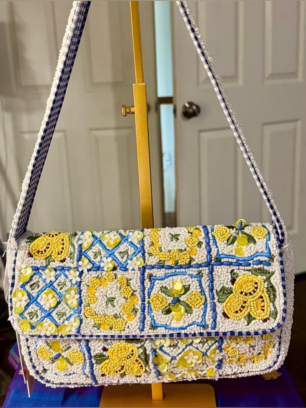 NWT NATH Viral Lemon Tile Beaded Shoulder Bag Gingham